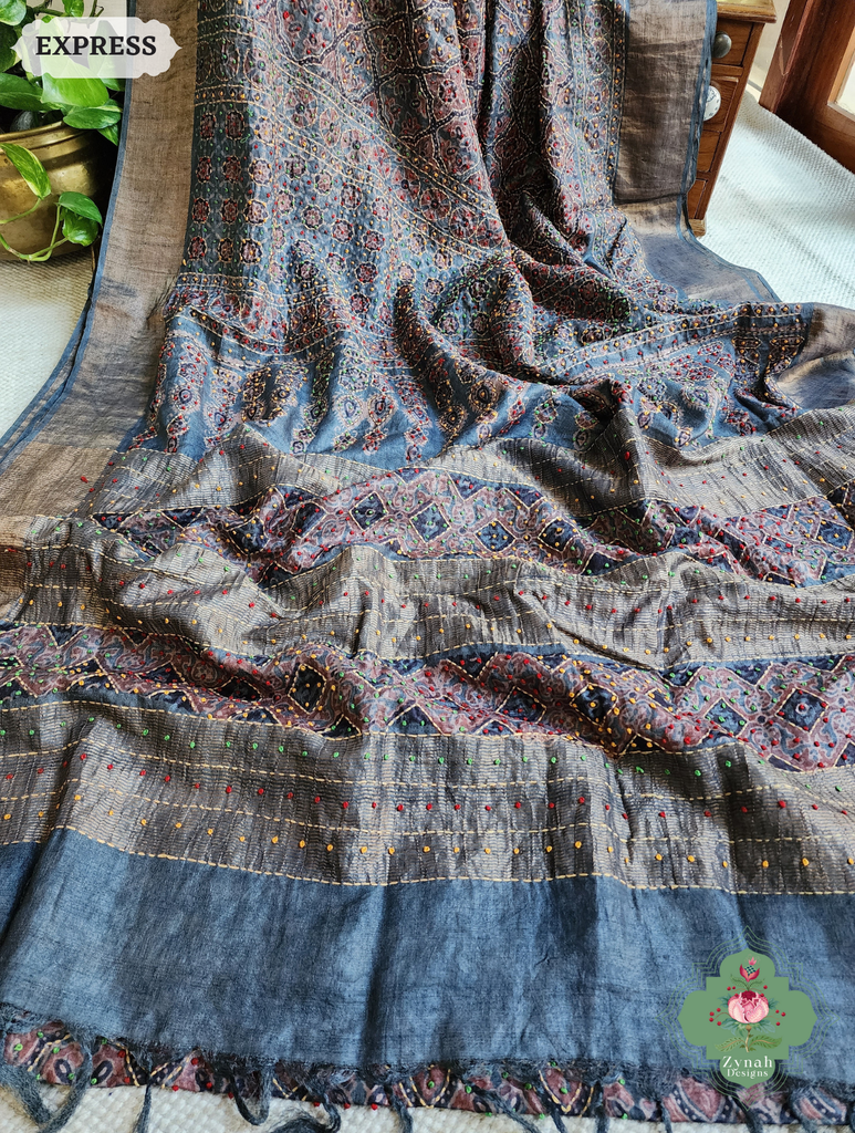 Zynah Indigo & Maroon Pure Tussar Silk Hand Block Print Ajrakh Saree With Hand Embroidery; Custom Stitched/Ready-made Blouse, Fall, Petticoat; SKU: 2409202508