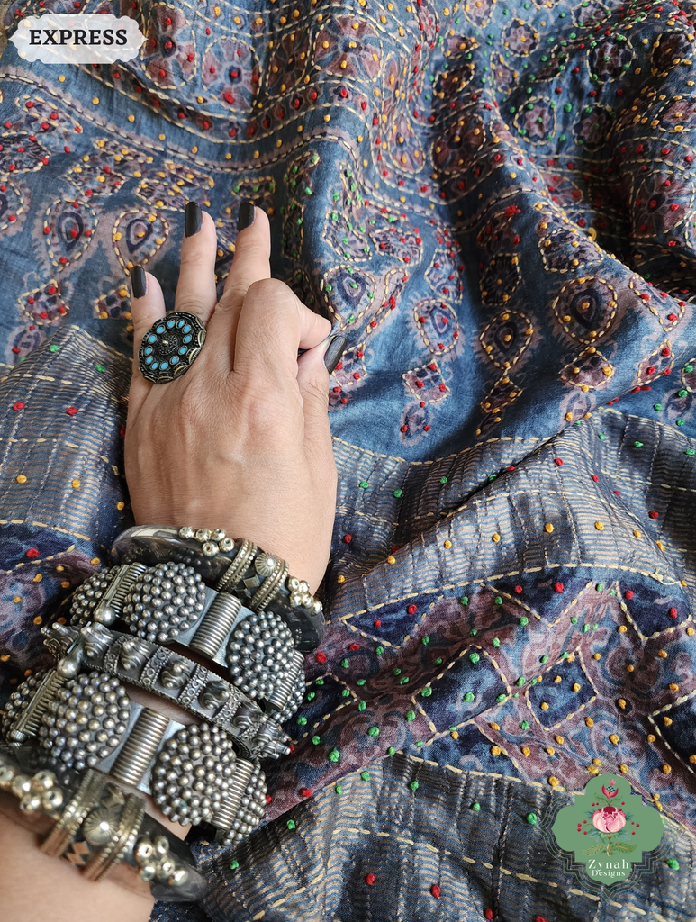 Zynah Indigo & Maroon Pure Tussar Silk Hand Block Print Ajrakh Saree With Hand Embroidery; Custom Stitched/Ready-made Blouse, Fall, Petticoat; SKU: 2409202508