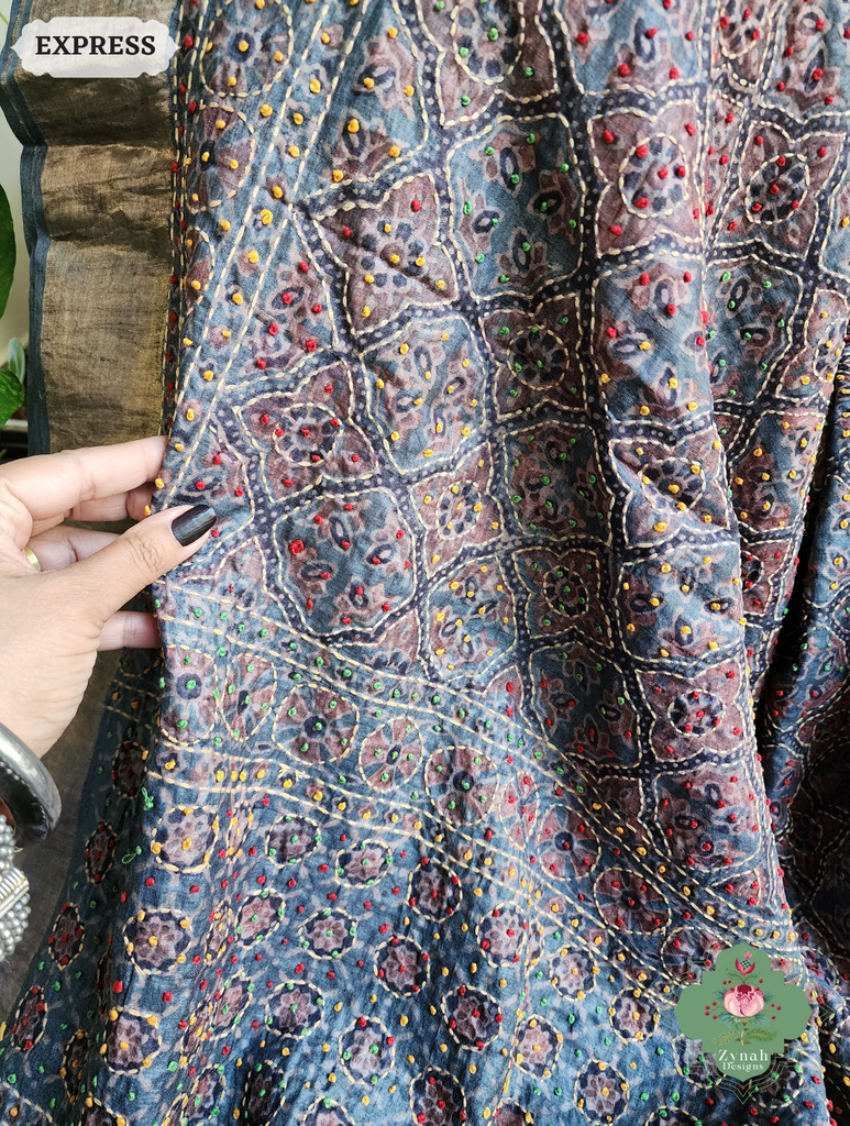Zynah Indigo & Maroon Pure Tussar Silk Hand Block Print Ajrakh Saree With Hand Embroidery; Custom Stitched/Ready-made Blouse, Fall, Petticoat; SKU: 2409202508