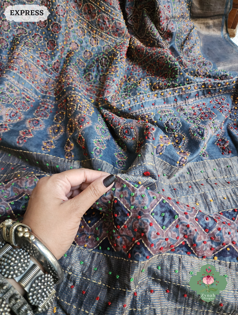 Zynah Indigo & Maroon Pure Tussar Silk Hand Block Print Ajrakh Saree With Hand Embroidery; Custom Stitched/Ready-made Blouse, Fall, Petticoat; SKU: 2409202508