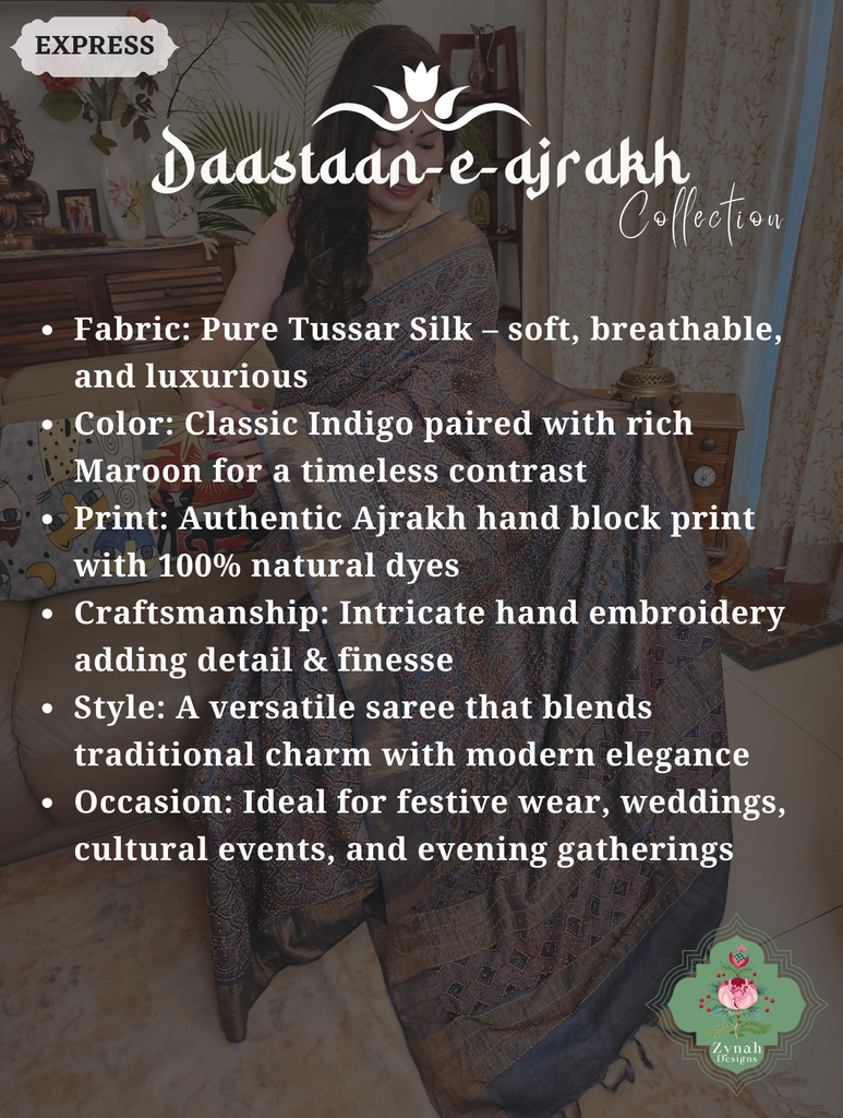 Zynah Indigo & Maroon Pure Tussar Silk Hand Block Print Ajrakh Saree With Hand Embroidery; Custom Stitched/Ready-made Blouse, Fall, Petticoat; SKU: 2409202508