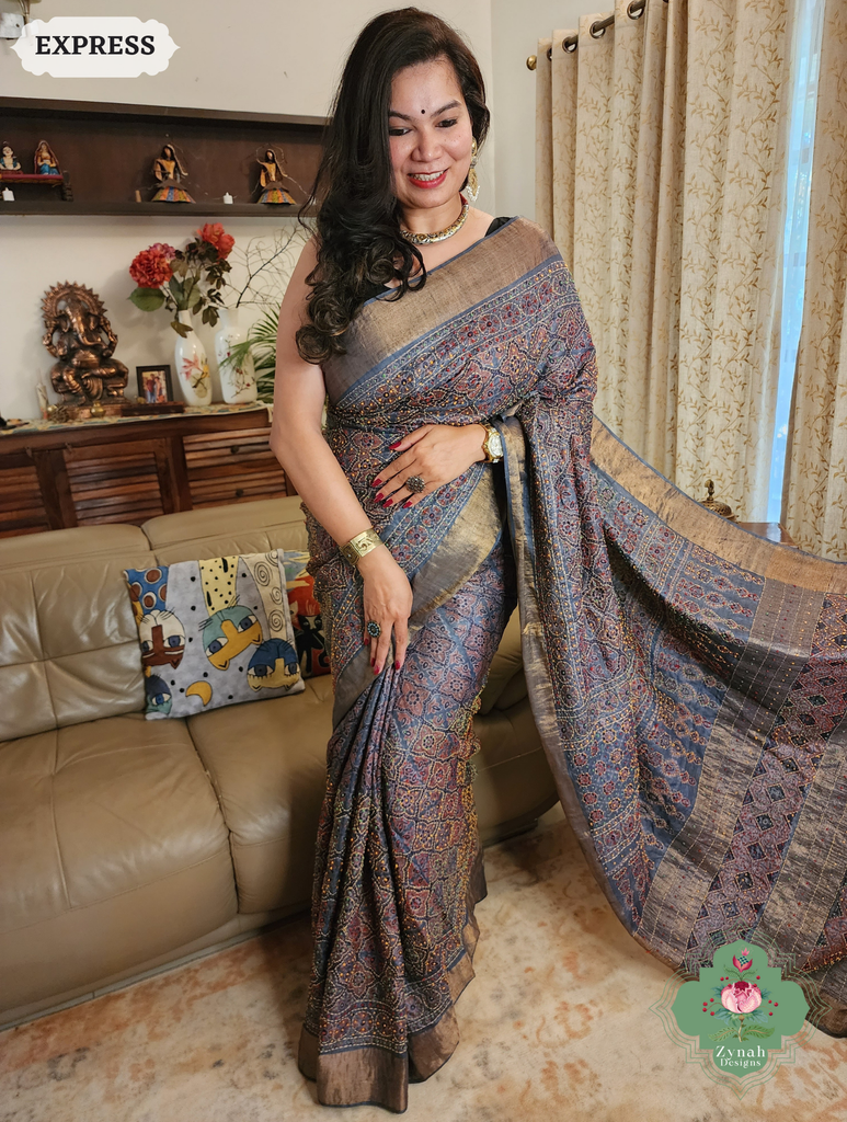Zynah Indigo & Maroon Pure Tussar Silk Hand Block Print Ajrakh Saree With Hand Embroidery; Custom Stitched/Ready-made Blouse, Fall, Petticoat; SKU: 2409202508