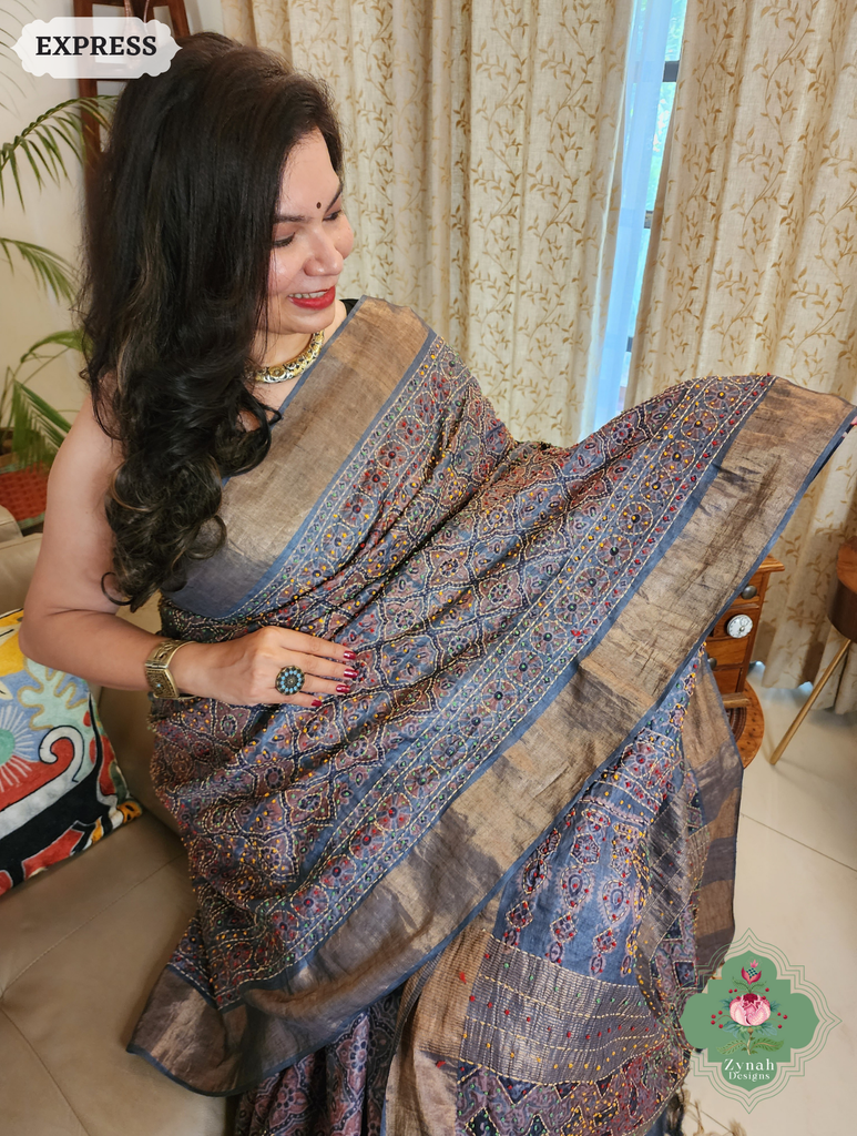 Zynah Indigo & Maroon Pure Tussar Silk Hand Block Print Ajrakh Saree With Hand Embroidery; Custom Stitched/Ready-made Blouse, Fall, Petticoat; SKU: 2409202508