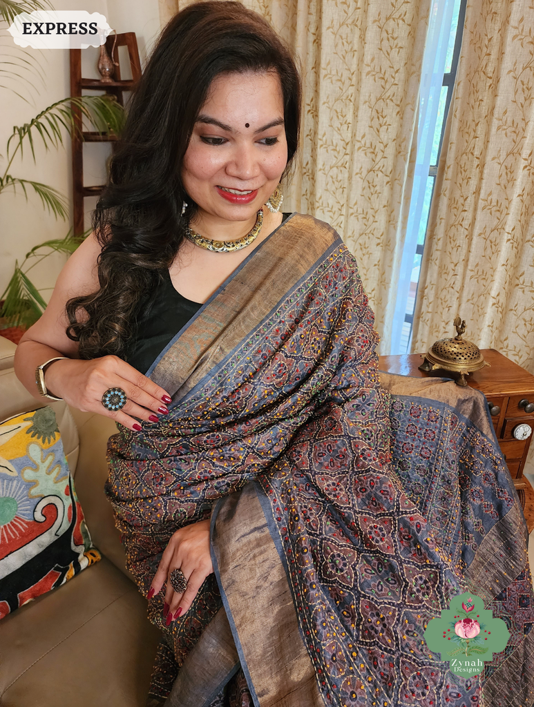 Zynah Indigo & Maroon Pure Tussar Silk Hand Block Print Ajrakh Saree With Hand Embroidery; Custom Stitched/Ready-made Blouse, Fall, Petticoat; SKU: 2409202508