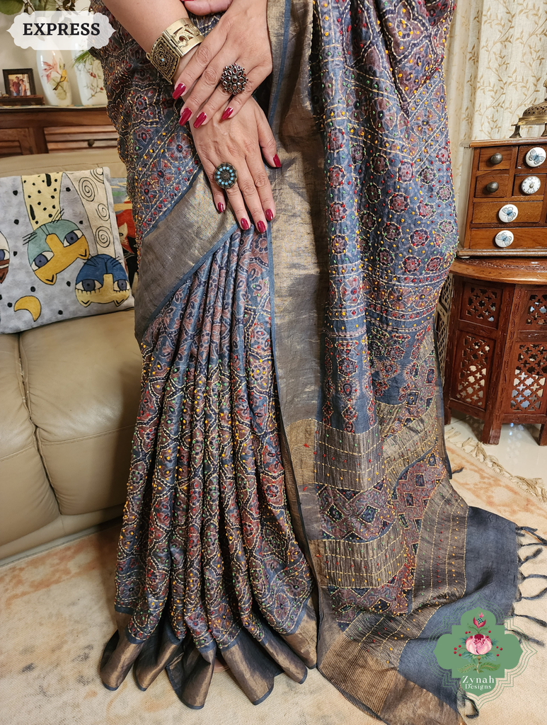 Zynah Indigo & Maroon Pure Tussar Silk Hand Block Print Ajrakh Saree With Hand Embroidery; Custom Stitched/Ready-made Blouse, Fall, Petticoat; SKU: 2409202508