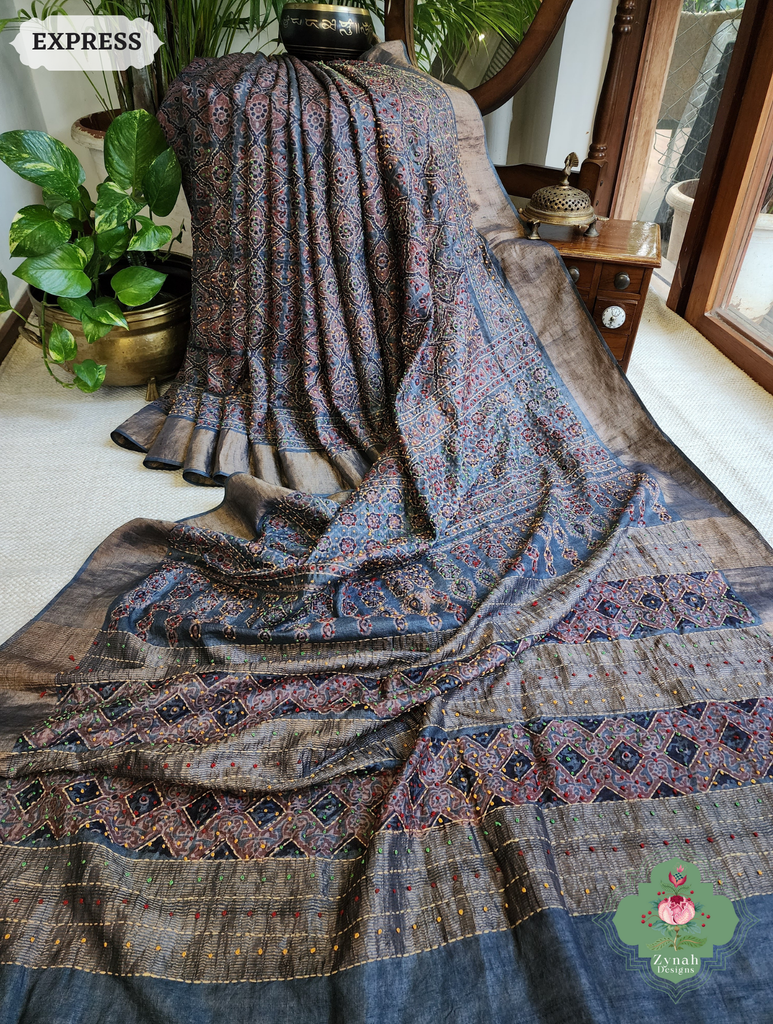 Zynah Indigo & Maroon Pure Tussar Silk Hand Block Print Ajrakh Saree With Hand Embroidery; Custom Stitched/Ready-made Blouse, Fall, Petticoat; SKU: 2409202508