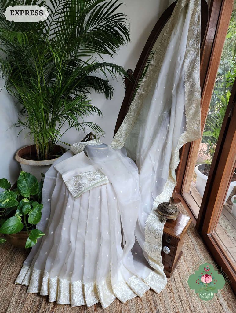 Zynah Made To Order Ivory Organza Silk Hand Embroidered Parsi Gara Saree With Bird & Floral Embroidery Border; Custom Stitched/Ready-made Blouse, Fall, Petticoat; SKU: 0912202403