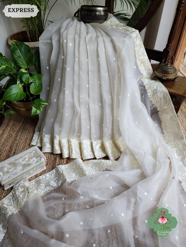 Zynah Made To Order Ivory Organza Silk Hand Embroidered Parsi Gara Saree With Bird & Floral Embroidery Border; Custom Stitched/Ready-made Blouse, Fall, Petticoat; SKU: 0912202403