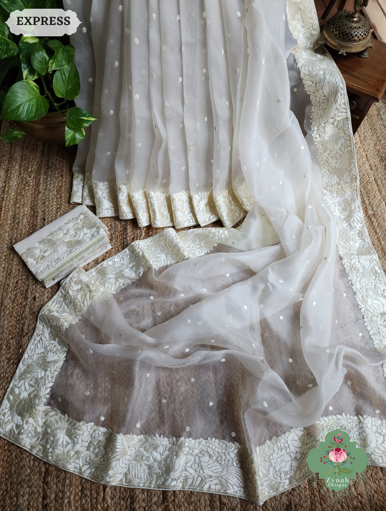 Zynah Made To Order Ivory Organza Silk Hand Embroidered Parsi Gara Saree With Bird & Floral Embroidery Border; Custom Stitched/Ready-made Blouse, Fall, Petticoat; SKU: 0912202403