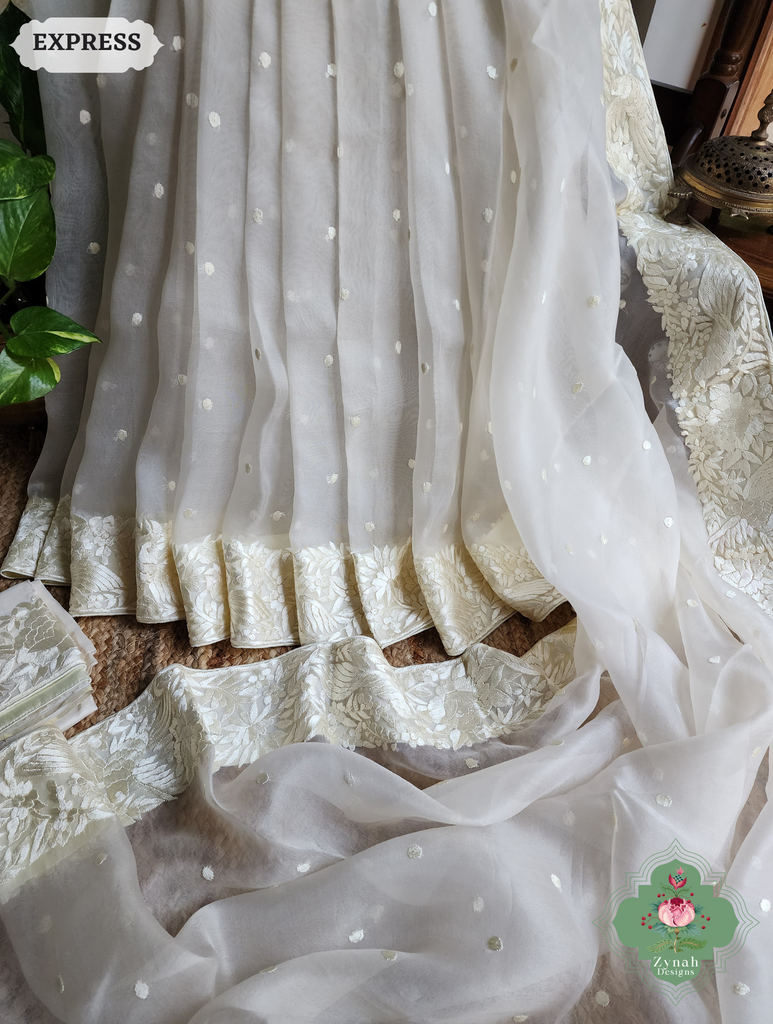 Zynah Made To Order Ivory Organza Silk Hand Embroidered Parsi Gara Saree With Bird & Floral Embroidery Border; Custom Stitched/Ready-made Blouse, Fall, Petticoat; SKU: 0912202403