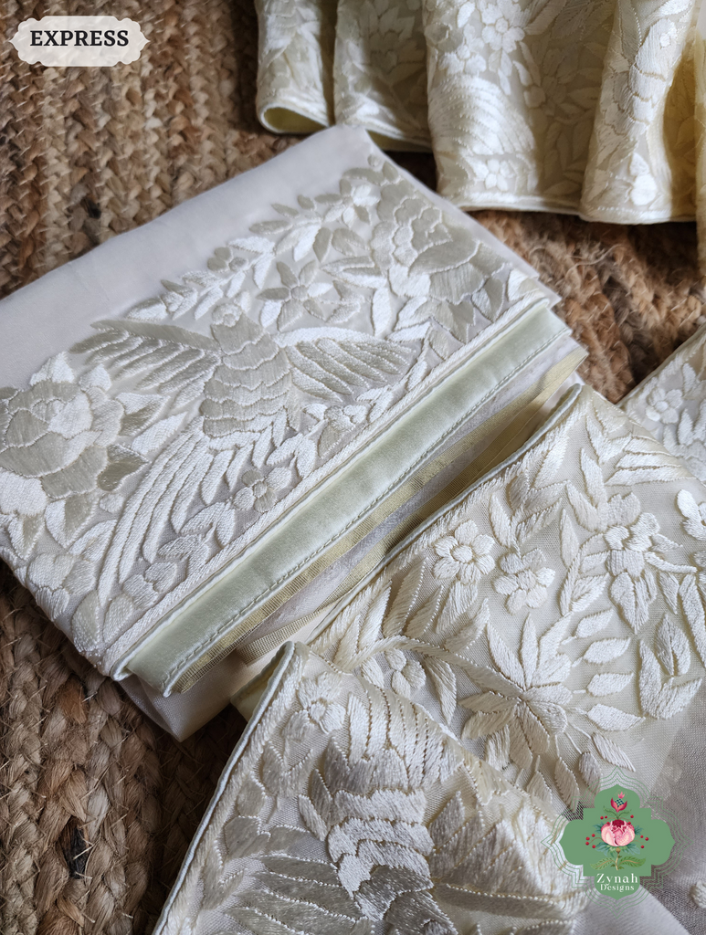 Zynah Made To Order Ivory Organza Silk Hand Embroidered Parsi Gara Saree With Bird & Floral Embroidery Border; Custom Stitched/Ready-made Blouse, Fall, Petticoat; SKU: 0912202403
