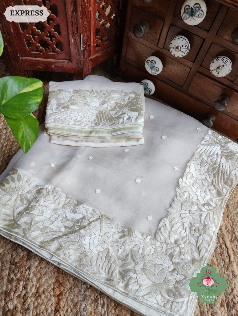 Zynah Made To Order Ivory Organza Silk Hand Embroidered Parsi Gara Saree With Bird & Floral Embroidery Border; Custom Stitched/Ready-made Blouse, Fall, Petticoat; SKU: 0912202403