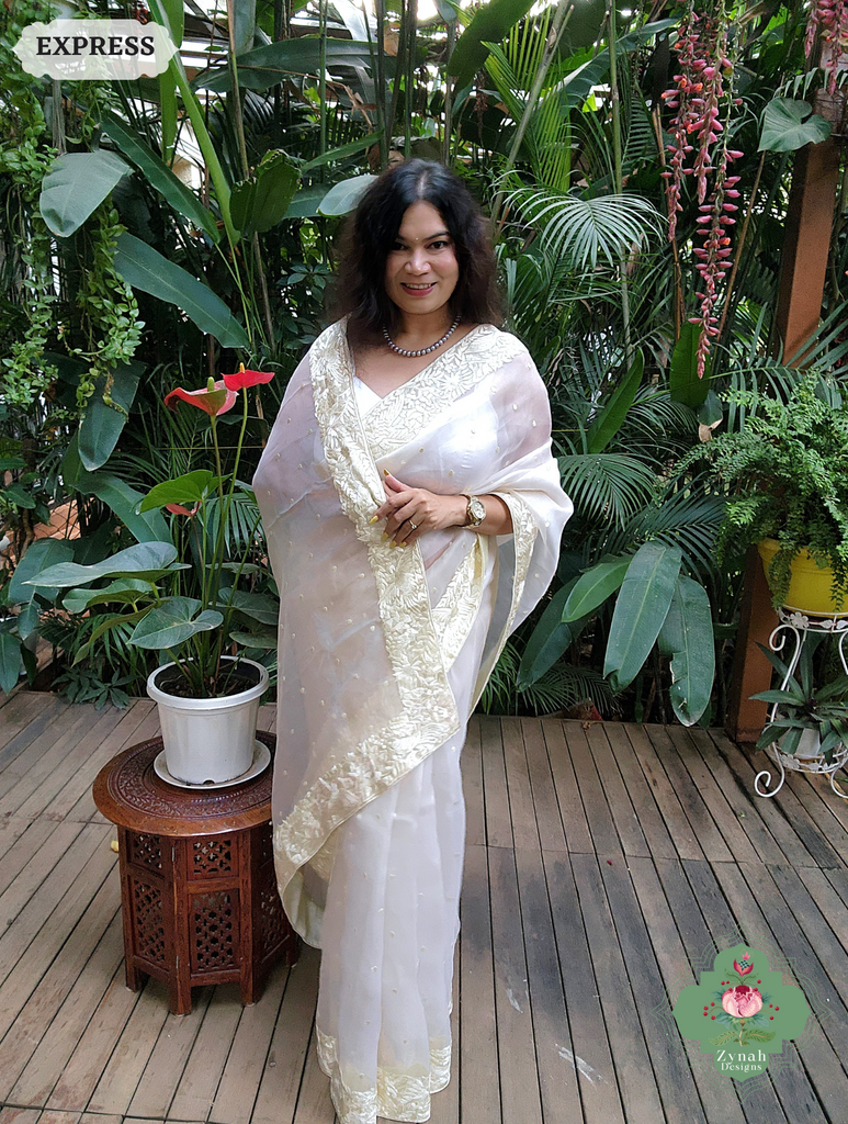 Zynah Made To Order Ivory Organza Silk Hand Embroidered Parsi Gara Saree With Bird & Floral Embroidery Border; Custom Stitched/Ready-made Blouse, Fall, Petticoat; SKU: 0912202403
