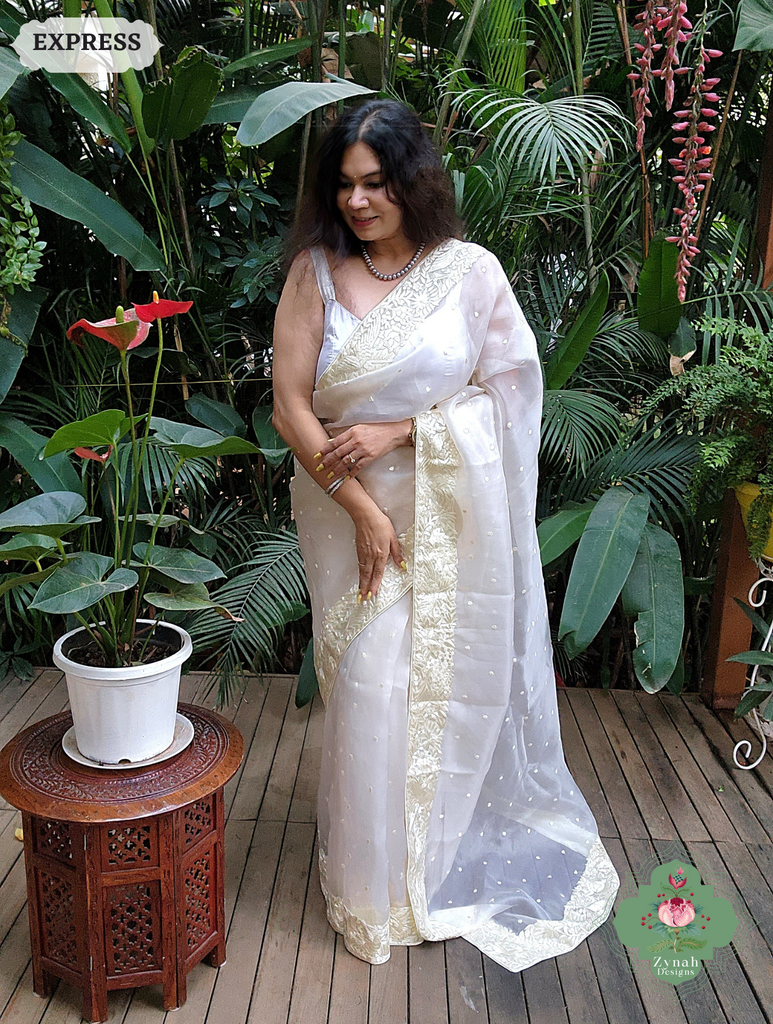 Zynah Made To Order Ivory Organza Silk Hand Embroidered Parsi Gara Saree With Bird & Floral Embroidery Border; Custom Stitched/Ready-made Blouse, Fall, Petticoat; SKU: 0912202403