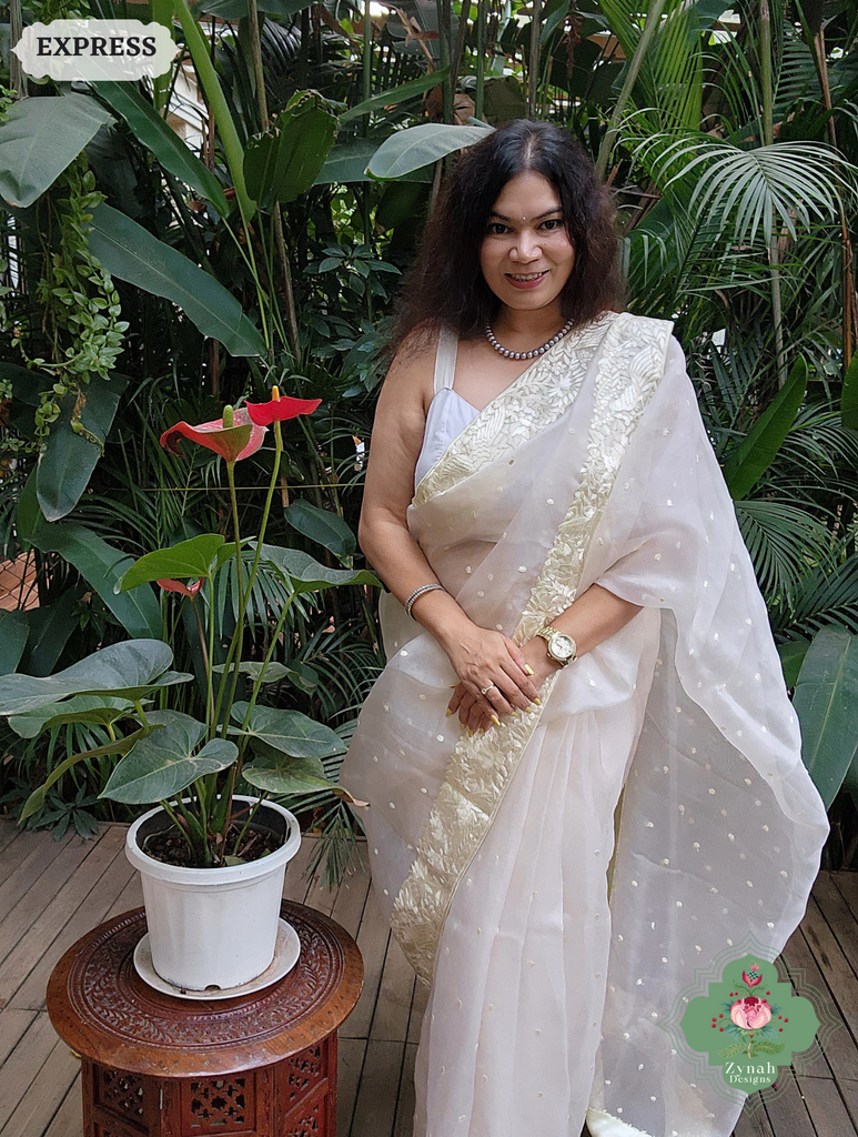 Zynah Made To Order Ivory Organza Silk Hand Embroidered Parsi Gara Saree With Bird & Floral Embroidery Border; Custom Stitched/Ready-made Blouse, Fall, Petticoat; SKU: 0912202403
