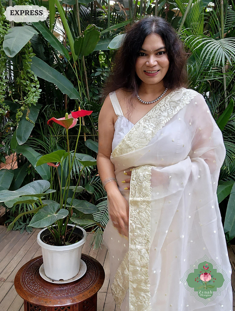 Zynah Made To Order Ivory Organza Silk Hand Embroidered Parsi Gara Saree With Bird & Floral Embroidery Border; Custom Stitched/Ready-made Blouse, Fall, Petticoat; SKU: 0912202403