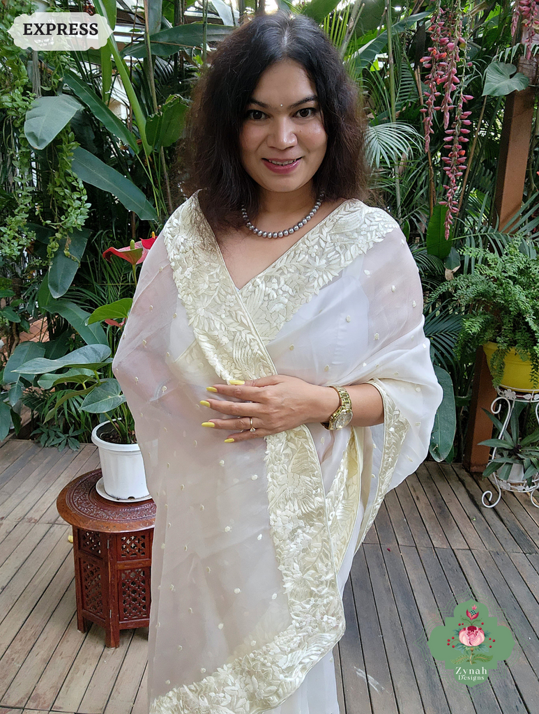 Zynah Made To Order Ivory Organza Silk Hand Embroidered Parsi Gara Saree With Bird & Floral Embroidery Border; Custom Stitched/Ready-made Blouse, Fall, Petticoat; SKU: 0912202403