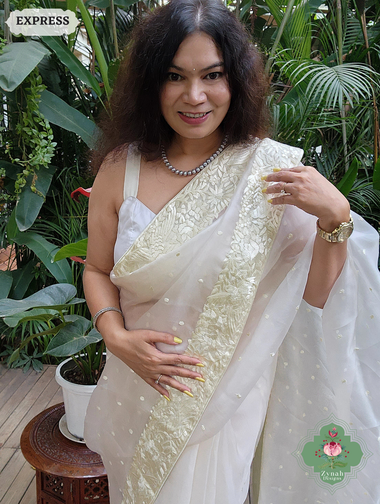 Zynah Made To Order Ivory Organza Silk Hand Embroidered Parsi Gara Saree With Bird & Floral Embroidery Border; Custom Stitched/Ready-made Blouse, Fall, Petticoat; SKU: 0912202403