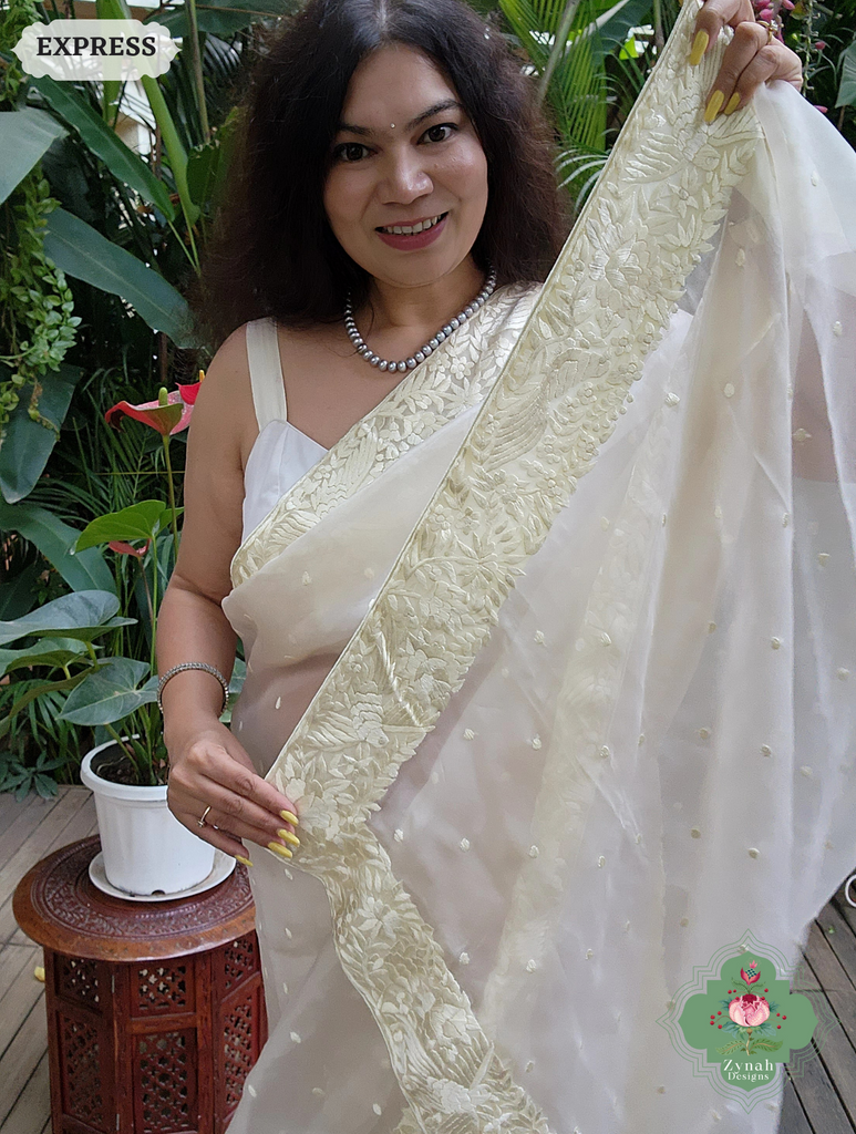Zynah Made To Order Ivory Organza Silk Hand Embroidered Parsi Gara Saree With Bird & Floral Embroidery Border; Custom Stitched/Ready-made Blouse, Fall, Petticoat; SKU: 0912202403
