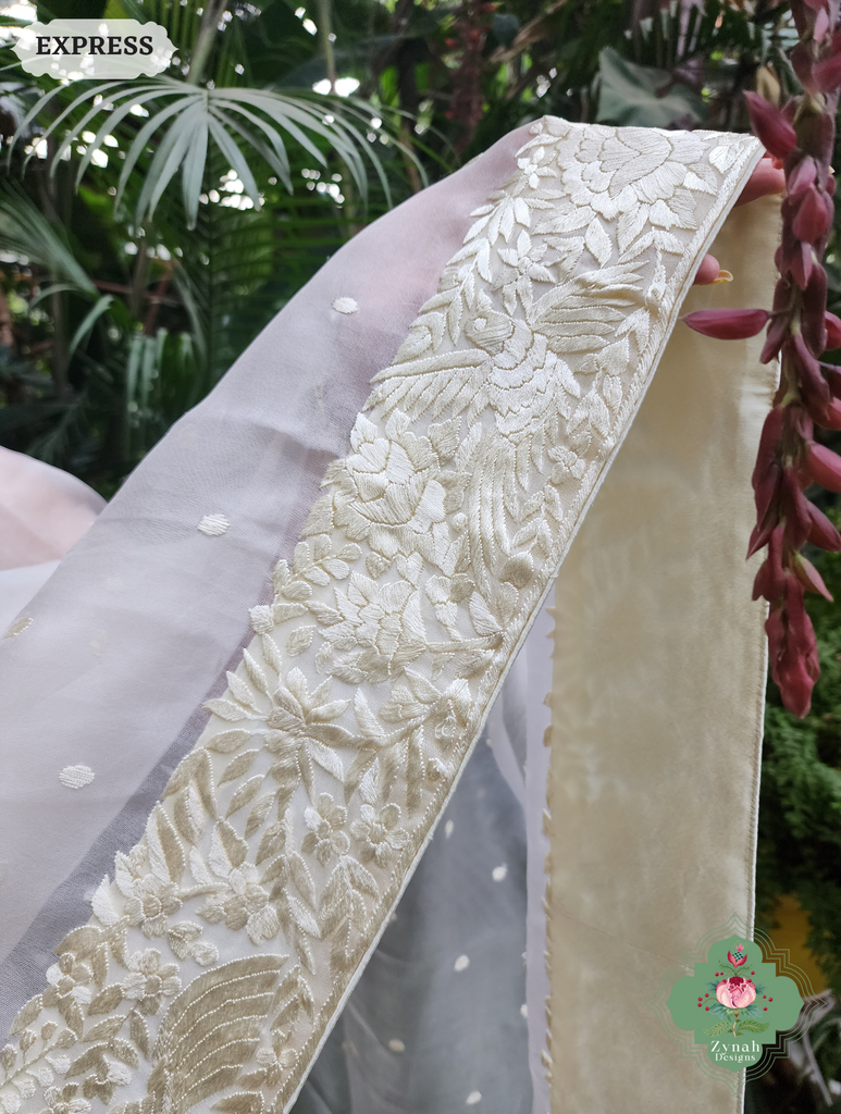 Zynah Made To Order Ivory Organza Silk Hand Embroidered Parsi Gara Saree With Bird & Floral Embroidery Border; Custom Stitched/Ready-made Blouse, Fall, Petticoat; SKU: 0912202403
