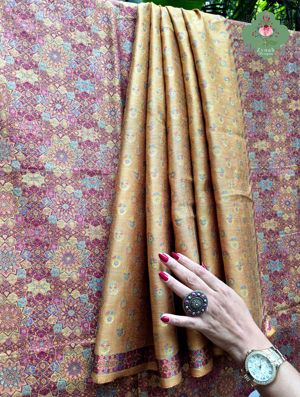 Kashmira | Dusty Rose Pink & Antique Gold Kashmiri Pure Kani Silk Jamavar Weave Saree | Made To Order