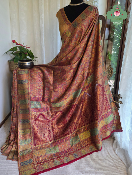 Kashmira | Dusty Rose Pink & Antique Gold Kashmiri Pure Kani Silk Jamavar Weave Saree | Made To Order