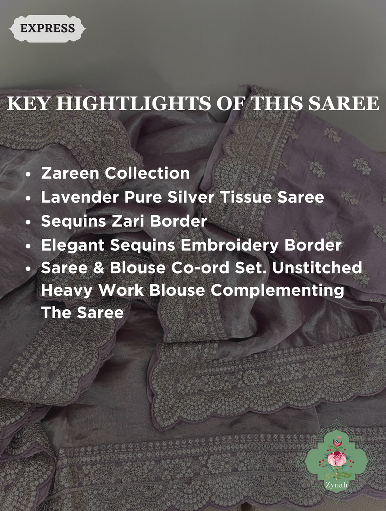 Lavender Pure Silver Tissue Saree With Sequins Embroidered Border