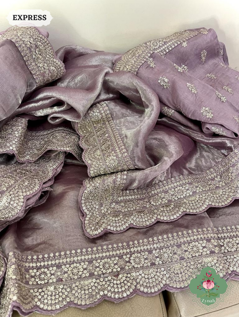 Lavender Pure Silver Tissue Saree With Sequins Embroidered Border