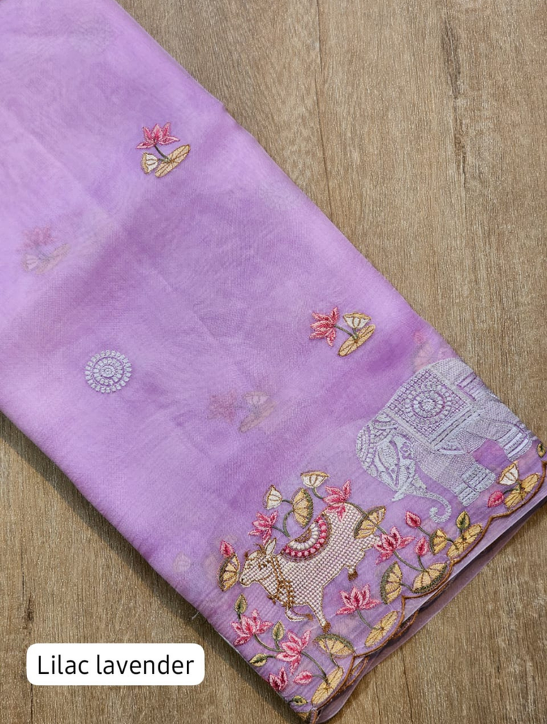 Zynah Pure Organza Silk Sarees With Elephant Pichwai Embroidery & Scallop Border; Custom Stitched/Ready-made Blouse, Fall, Petticoat; SKU: 0401202410