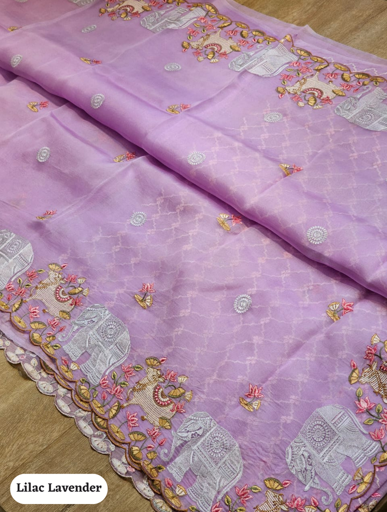 Zynah Pure Organza Silk Sarees With Elephant Pichwai Embroidery & Scallop Border; Custom Stitched/Ready-made Blouse, Fall, Petticoat; SKU: 0401202410