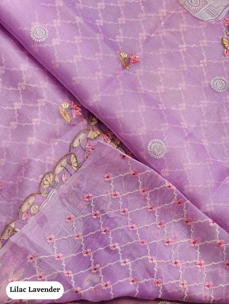 Zynah Pure Organza Silk Sarees With Elephant Pichwai Embroidery & Scallop Border; Custom Stitched/Ready-made Blouse, Fall, Petticoat; SKU: 0401202410