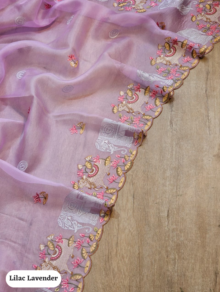 Zynah Pure Organza Silk Sarees With Elephant Pichwai Embroidery & Scallop Border; Custom Stitched/Ready-made Blouse, Fall, Petticoat; SKU: 0401202410