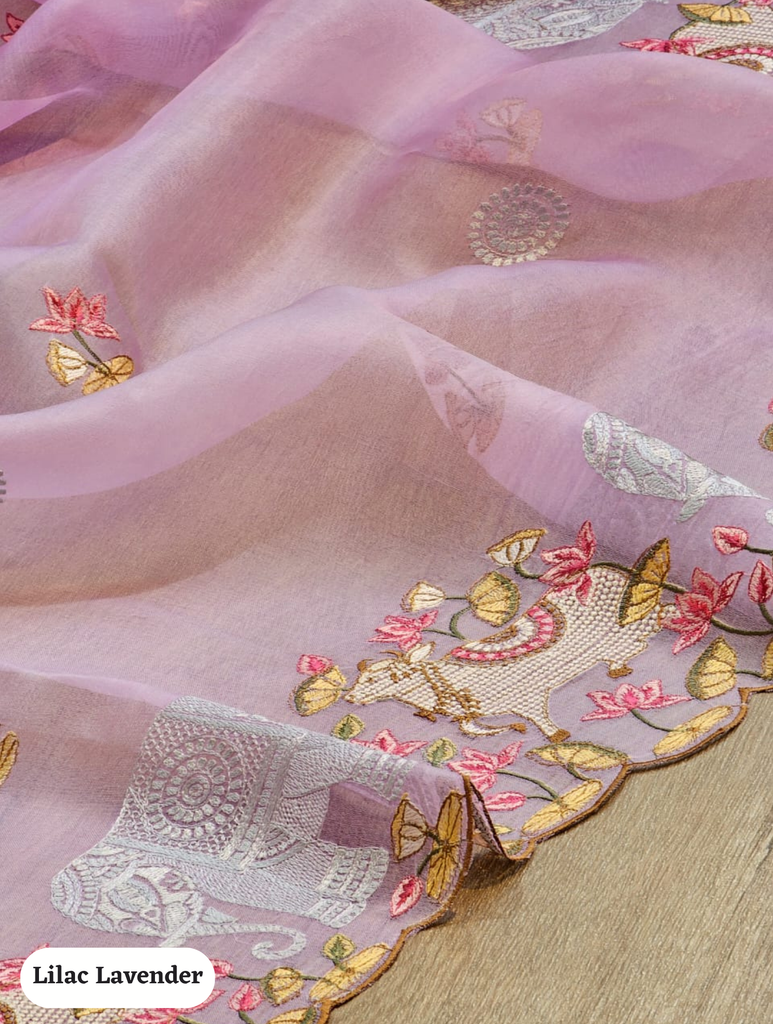 Zynah Pure Organza Silk Sarees With Elephant Pichwai Embroidery & Scallop Border; Custom Stitched/Ready-made Blouse, Fall, Petticoat; SKU: 0401202410