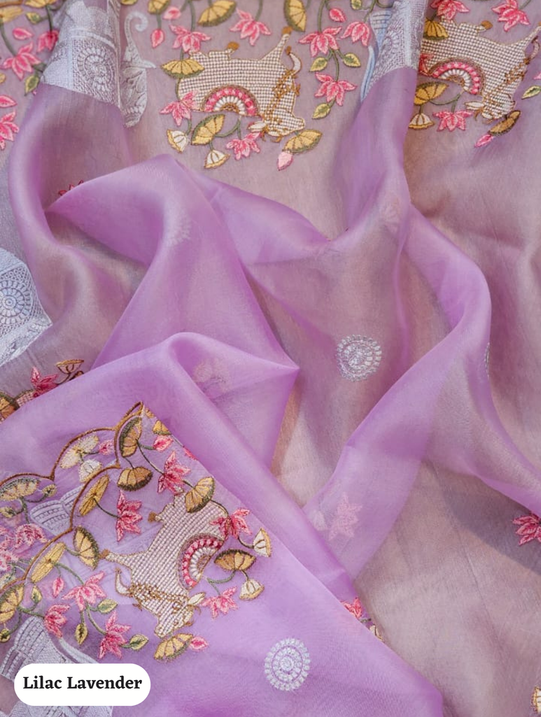 Zynah Pure Organza Silk Sarees With Elephant Pichwai Embroidery & Scallop Border; Custom Stitched/Ready-made Blouse, Fall, Petticoat; SKU: 0401202410