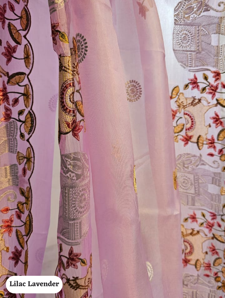 Zynah Pure Organza Silk Sarees With Elephant Pichwai Embroidery & Scallop Border; Custom Stitched/Ready-made Blouse, Fall, Petticoat; SKU: 0401202410