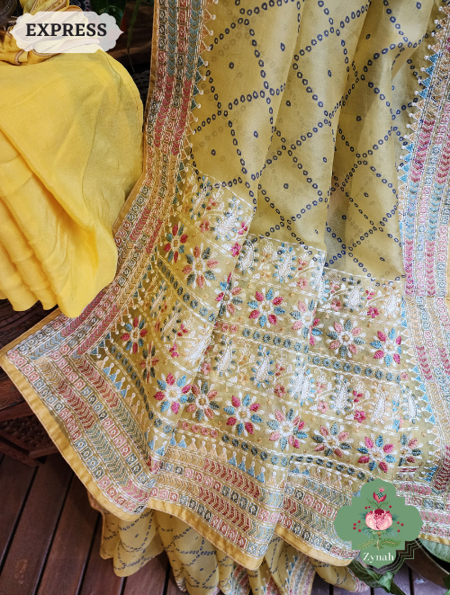 Zynah Lemon Yellow Organza Silk Saree With Bandhani Prints & Multi-coloured Embroidery On Pallu And Border; Custom Stitched/Ready-made Blouse, Fall, Petticoat; SKU: 1905202303