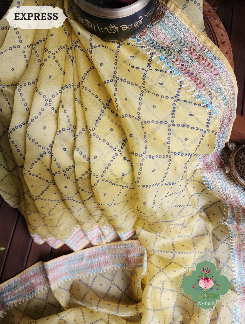Zynah Lemon Yellow Organza Silk Saree With Bandhani Prints & Multi-coloured Embroidery On Pallu And Border; Custom Stitched/Ready-made Blouse, Fall, Petticoat; SKU: 1905202303