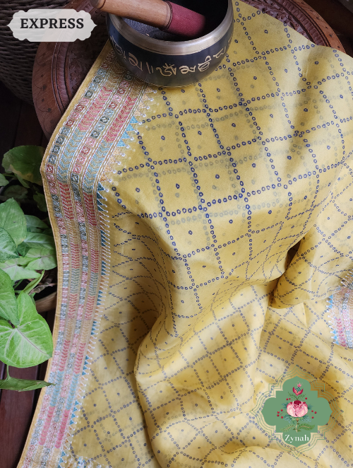 Zynah Lemon Yellow Organza Silk Saree With Bandhani Prints & Multi-coloured Embroidery On Pallu And Border; Custom Stitched/Ready-made Blouse, Fall, Petticoat; SKU: 1905202303