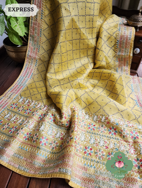 Zynah Lemon Yellow Organza Silk Saree With Bandhani Prints & Multi-coloured Embroidery On Pallu And Border; Custom Stitched/Ready-made Blouse, Fall, Petticoat; SKU: 1905202303