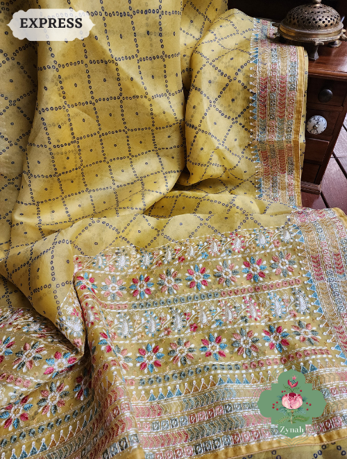 Zynah Lemon Yellow Organza Silk Saree With Bandhani Prints & Multi-coloured Embroidery On Pallu And Border; Custom Stitched/Ready-made Blouse, Fall, Petticoat; SKU: 1905202303