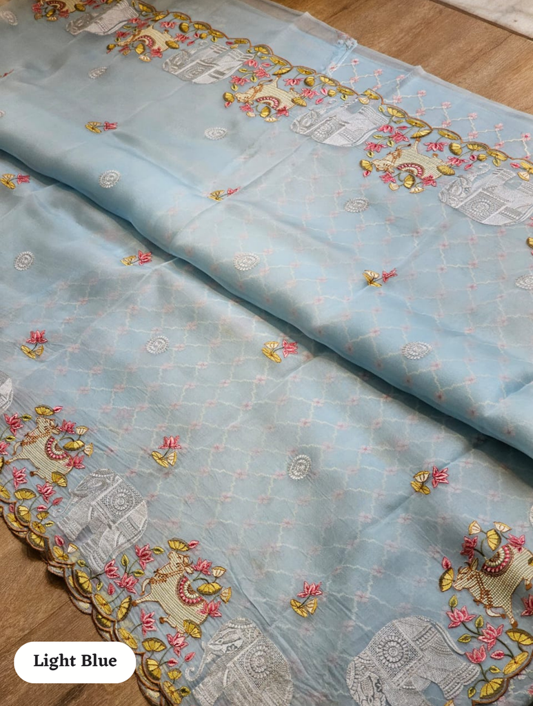 Zynah Pure Organza Silk Sarees With Elephant Pichwai Embroidery & Scallop Border; Custom Stitched/Ready-made Blouse, Fall, Petticoat; SKU: 0401202410
