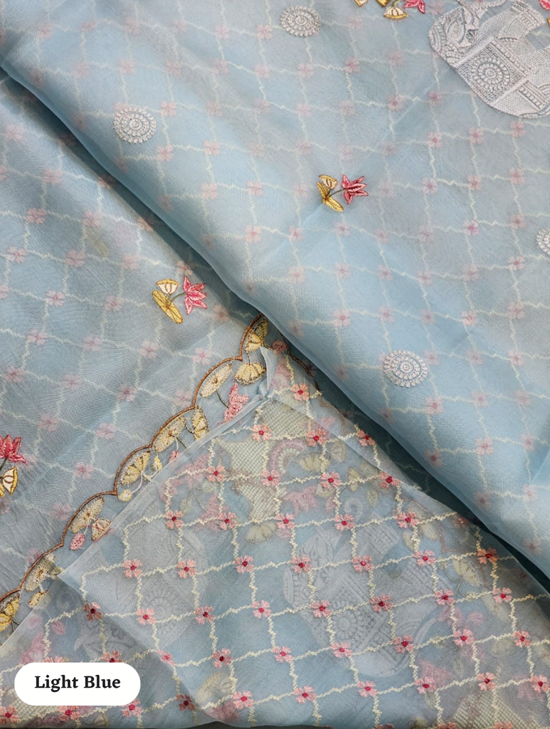 Zynah Pure Organza Silk Sarees With Elephant Pichwai Embroidery & Scallop Border; Custom Stitched/Ready-made Blouse, Fall, Petticoat; SKU: 0401202410