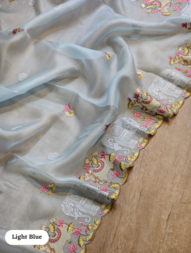 Zynah Pure Organza Silk Sarees With Elephant Pichwai Embroidery & Scallop Border; Custom Stitched/Ready-made Blouse, Fall, Petticoat; SKU: 0401202410