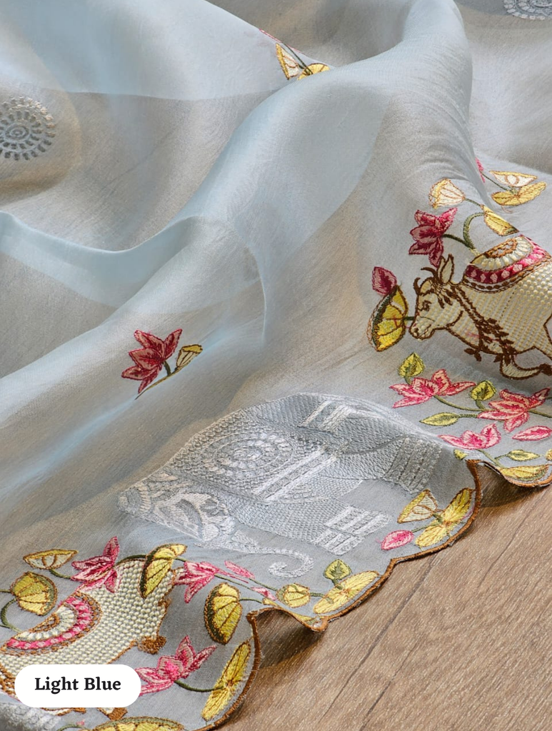 Zynah Pure Organza Silk Sarees With Elephant Pichwai Embroidery & Scallop Border; Custom Stitched/Ready-made Blouse, Fall, Petticoat; SKU: 0401202410