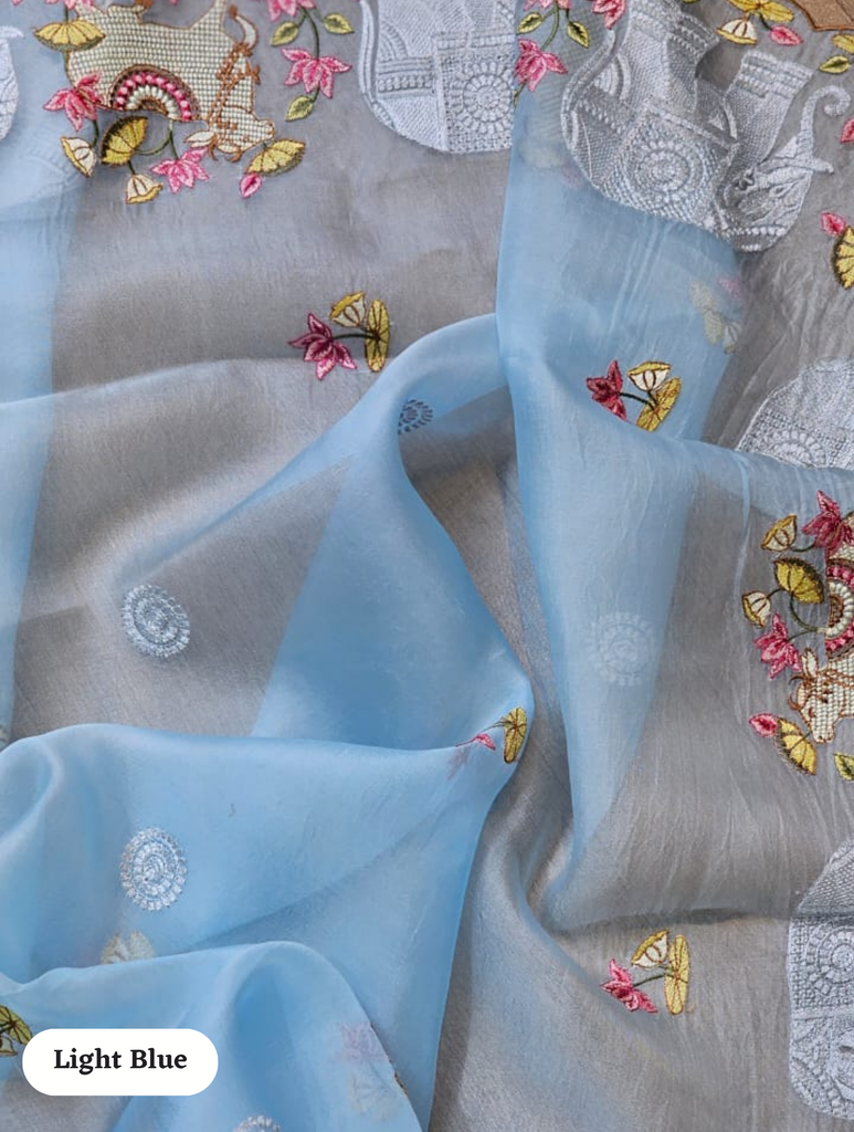 Zynah Pure Organza Silk Sarees With Elephant Pichwai Embroidery & Scallop Border; Custom Stitched/Ready-made Blouse, Fall, Petticoat; SKU: 0401202410