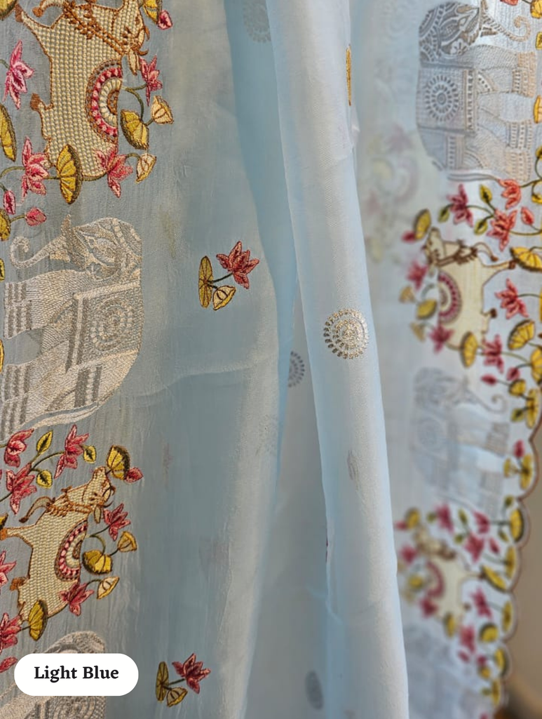 Zynah Pure Organza Silk Sarees With Elephant Pichwai Embroidery & Scallop Border; Custom Stitched/Ready-made Blouse, Fall, Petticoat; SKU: 0401202410