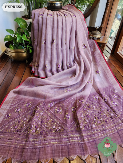 Zynah Lilac Linen Tissue Saree Adorned With French-knot & Kantha Hand Embroidery; Custom Stitched/Ready-made Blouse, Fall, Petticoat; SKU: 1903202508
