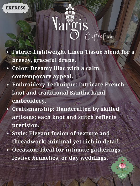 Zynah Lilac Linen Tissue Saree Adorned With French-knot & Kantha Hand Embroidery; Custom Stitched/Ready-made Blouse, Fall, Petticoat; SKU: 1903202508