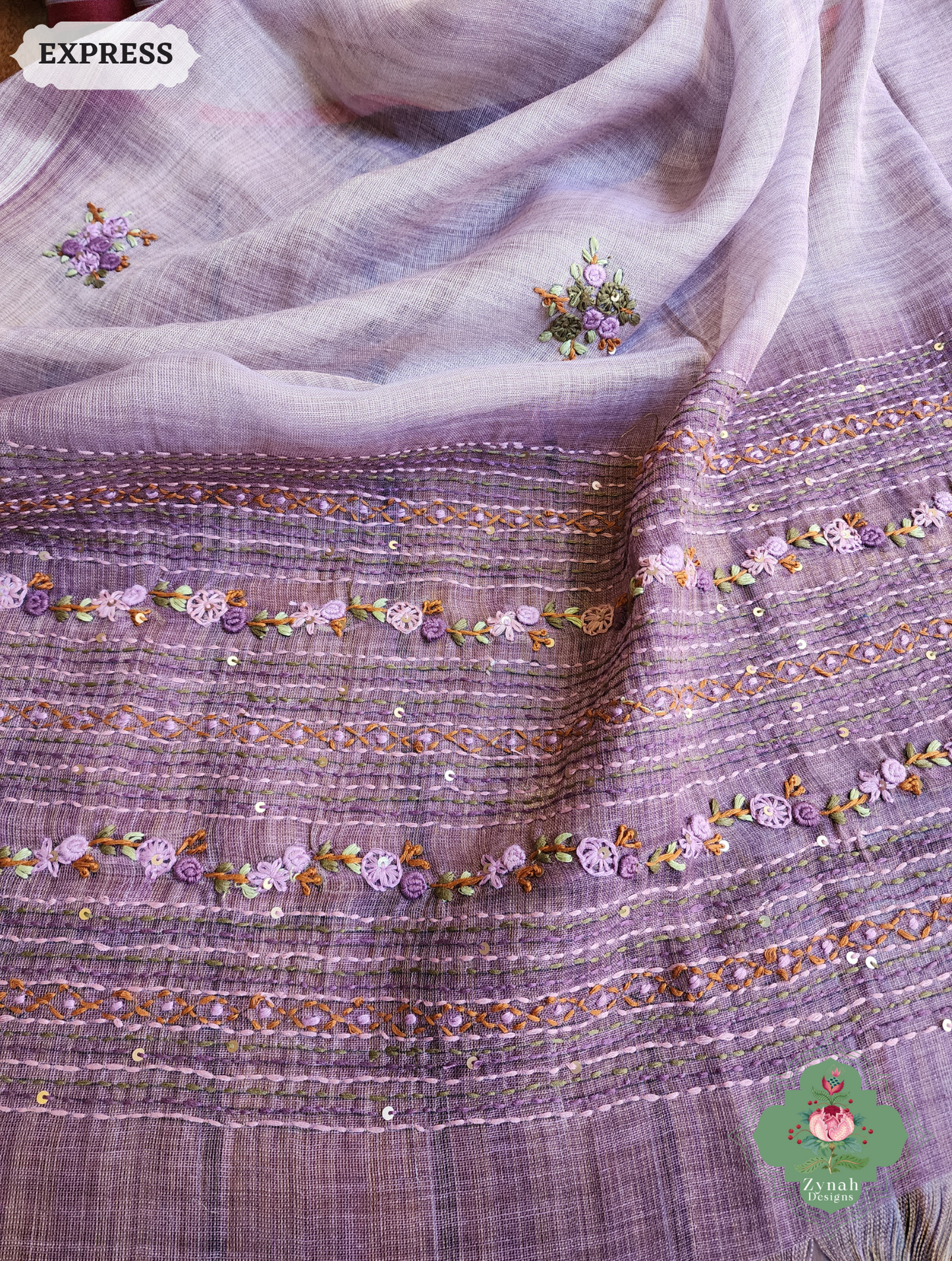 Zynah Lilac Linen Tissue Saree Adorned With French-knot & Kantha Hand Embroidery; Custom Stitched/Ready-made Blouse, Fall, Petticoat; SKU: 1903202509