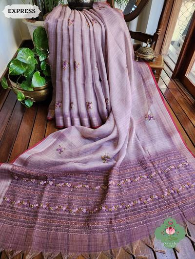 Zynah Lilac Linen Tissue Saree Adorned With French-knot & Kantha Hand Embroidery; Custom Stitched/Ready-made Blouse, Fall, Petticoat; SKU: 1903202509